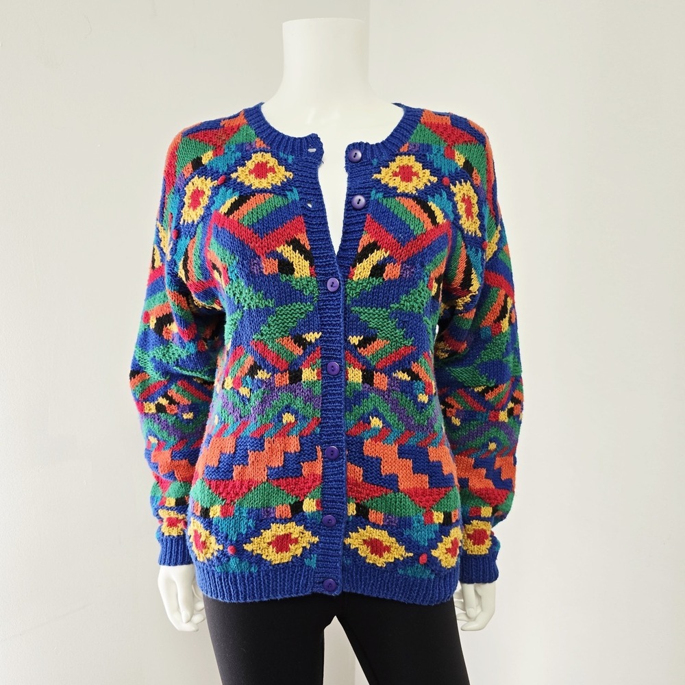 Robert Scott Cardigan Sweater Size M Womens 80's Patterned Preppy Ramie Cotton
